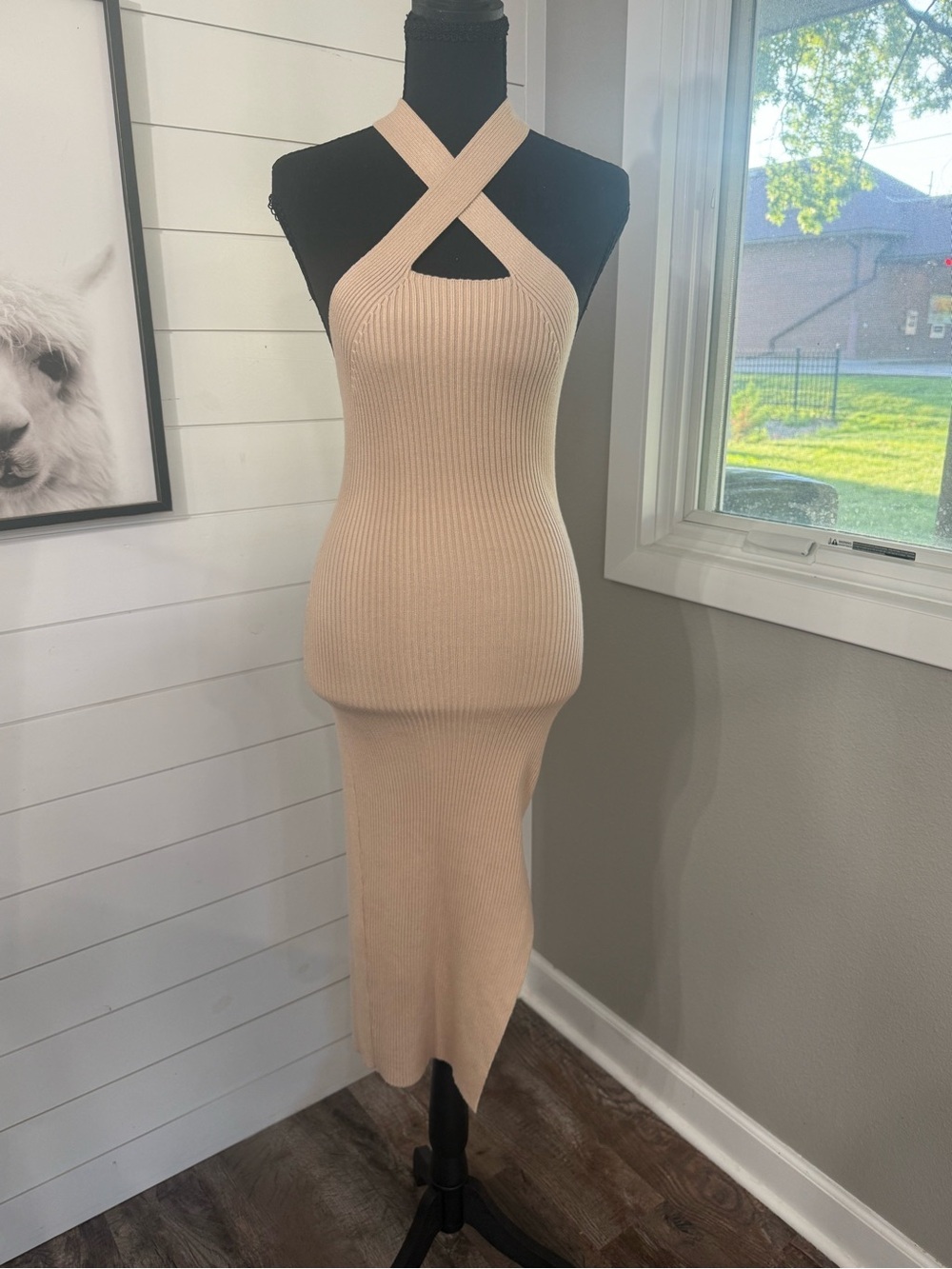 AIBLEE Beige Ribbed Knit Halter Stretch Bodycon Midi Dress Size M